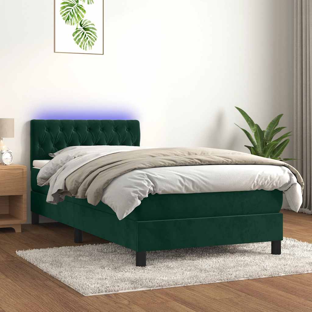 vidaXL Pat cu arcuri, saltea și LED, verde închis, 90x190 cm, catifea
