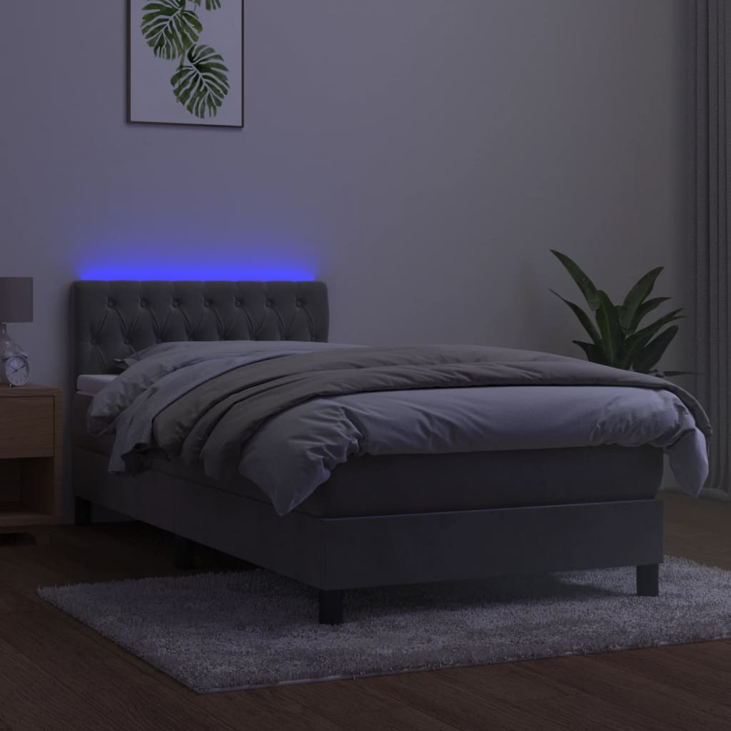 világosszürke bársony rugós és LED-es ágy matraccal 100x200 cm
