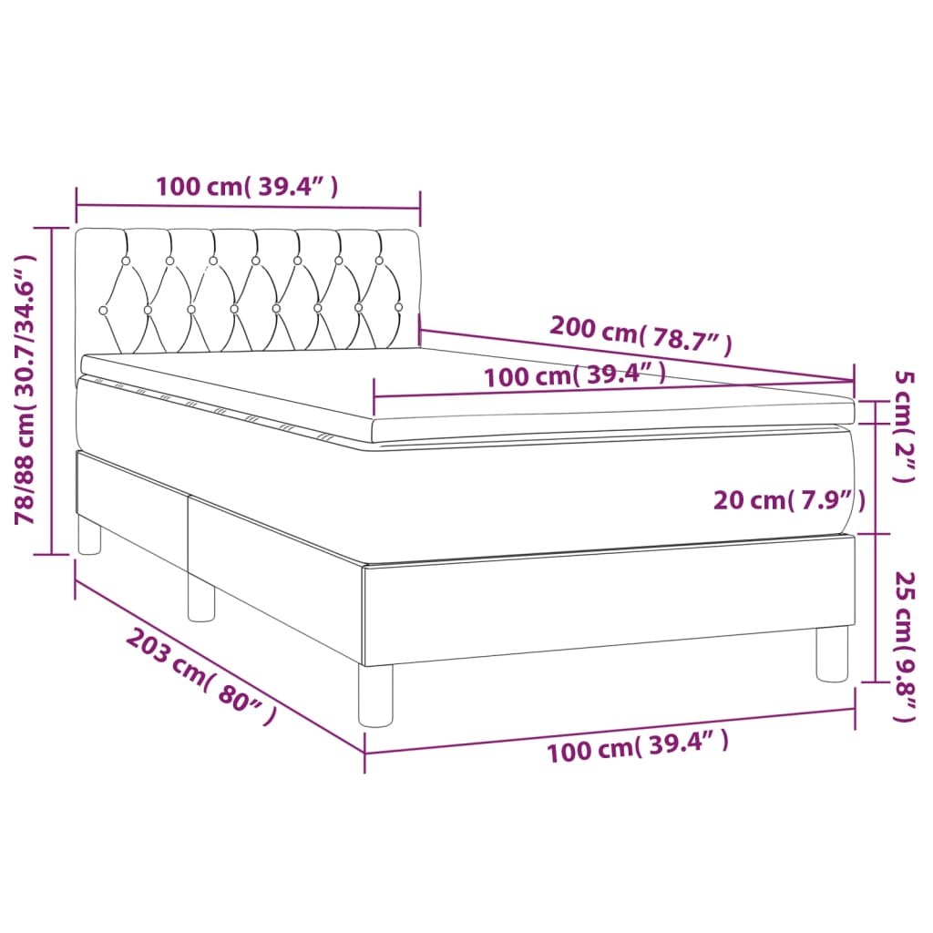 Box spring postel s matrací a LED světle šedá 100x200 cm samet