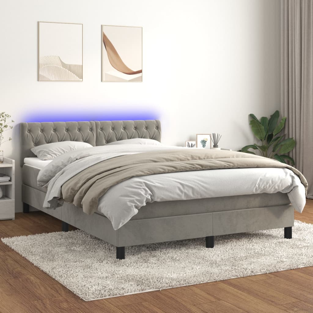 Sommier tapissier matelas et LED Gris clair 140x190 cm Velours