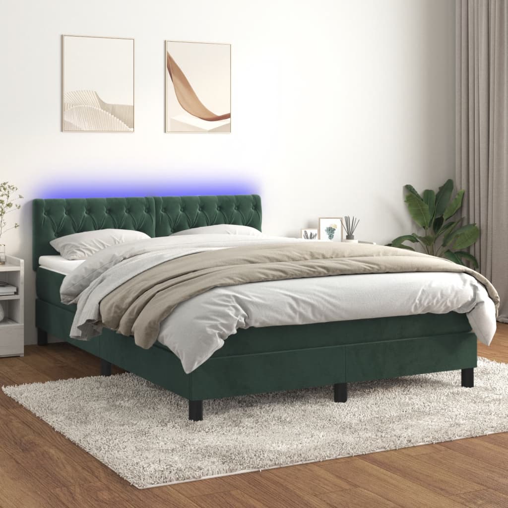 Box spring postel s matrací a LED tmavě zelená 140x200 cm samet
