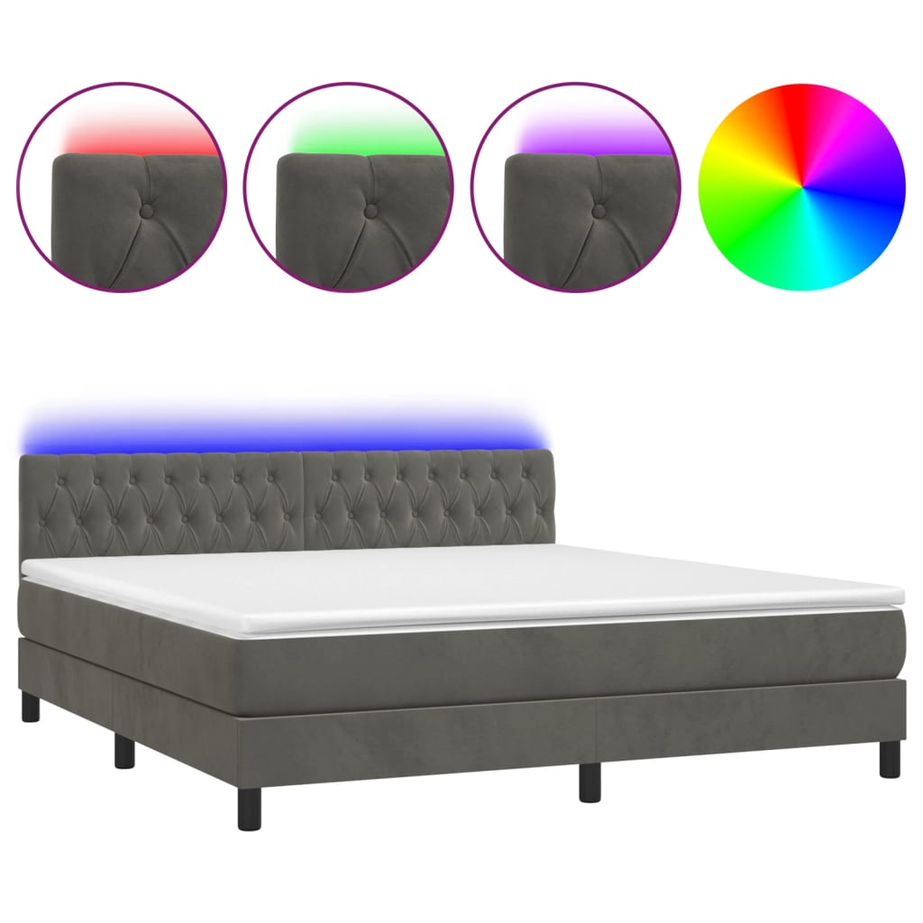 vidaXL Box spring postelja z vzmetnico LED temno siva 160x200 cm žamet