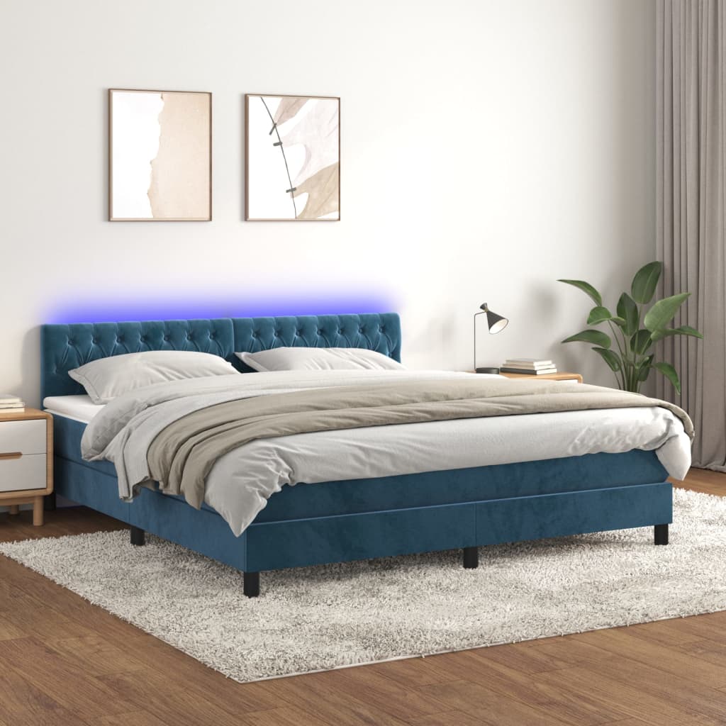 Box spring postel s matrací a LED tmavě modrá 160x200 cm samet