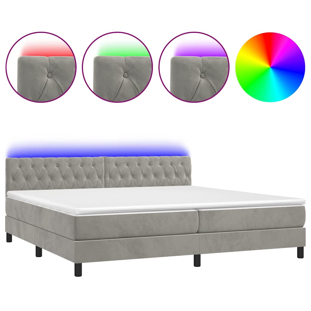 vidaXL Boxspring met matras en LED fluweel lichtgrijs 200x200 cm grijs, foto 3