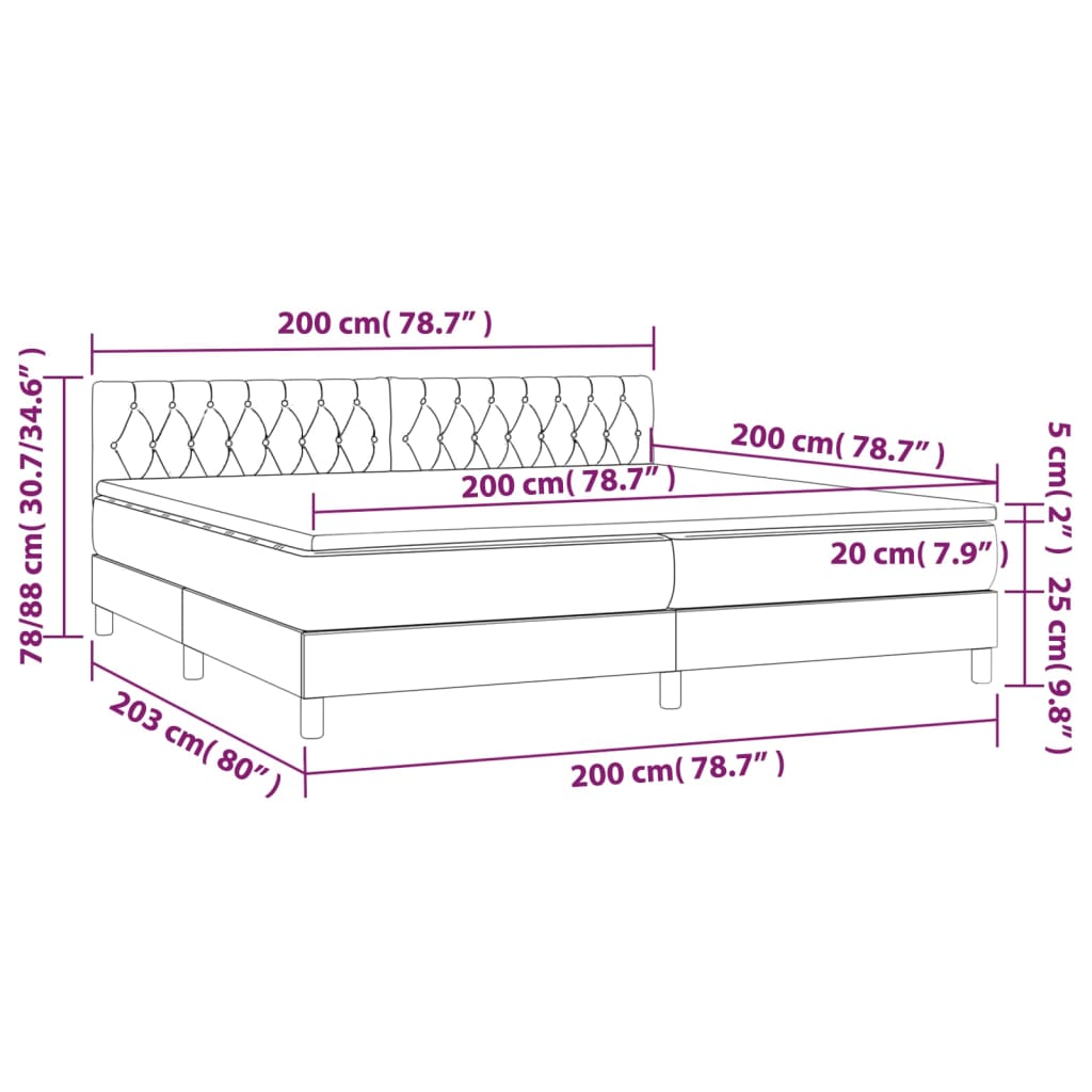 Krevet box spring s madracem LED svjetlosivi 200x200 cm baršun