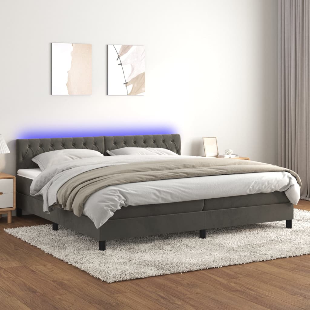 Sötétszürke bársony rugós és LED-es ágy matraccal 200x200 cm 