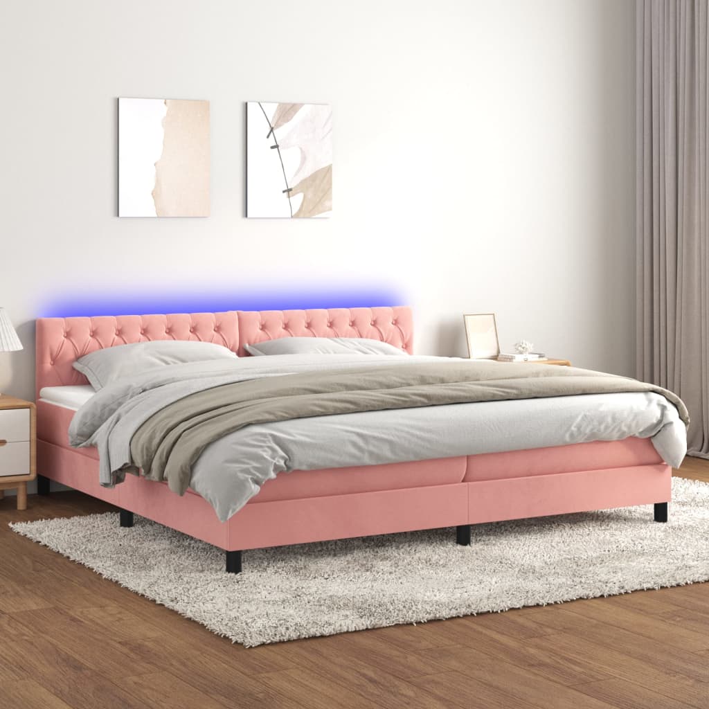 Rózsaszín bársony rugós és LED-es ágy matraccal 200x200 cm 