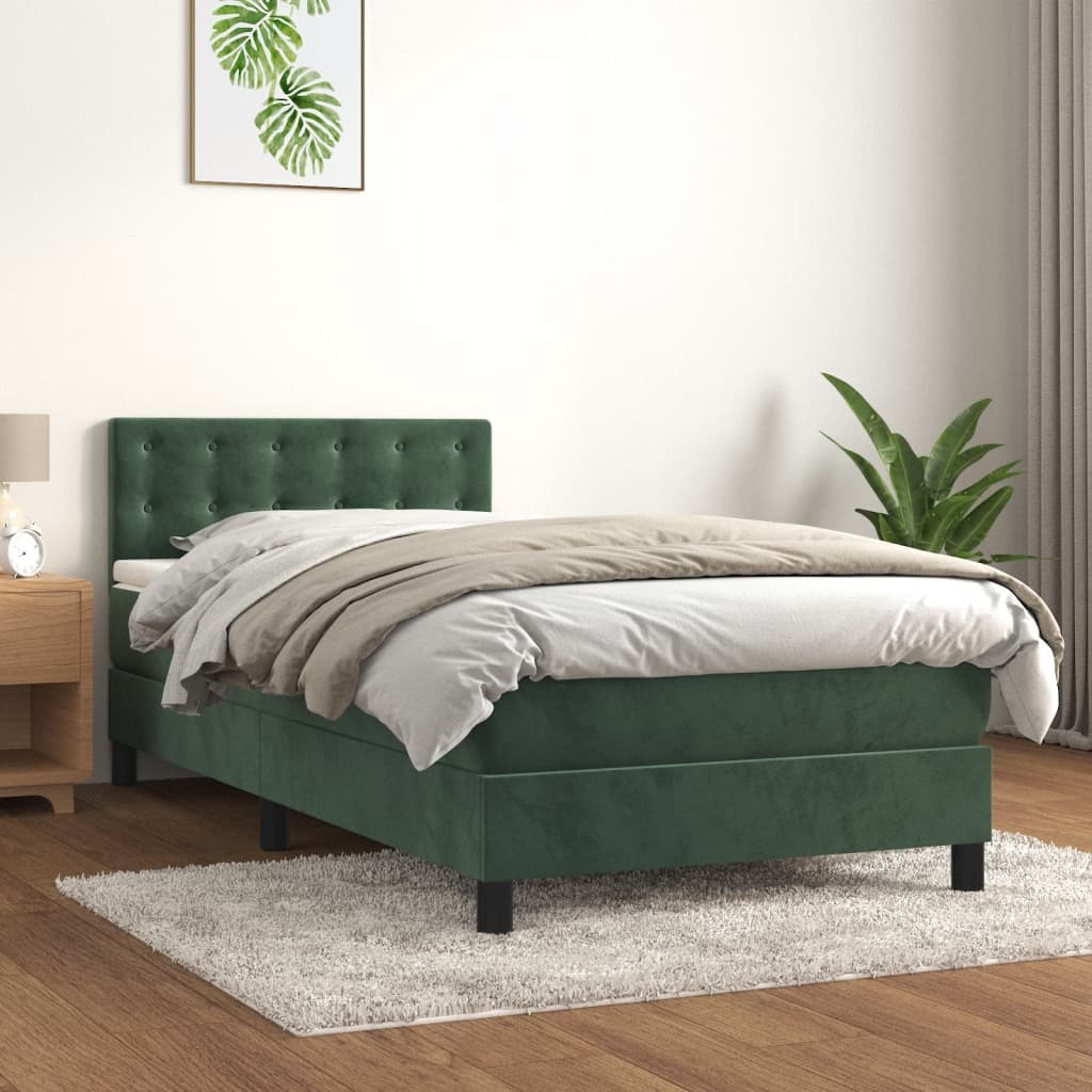 vidaXL Pat cu arcuri, saltea și LED, verde închis, 90x190 cm, catifea