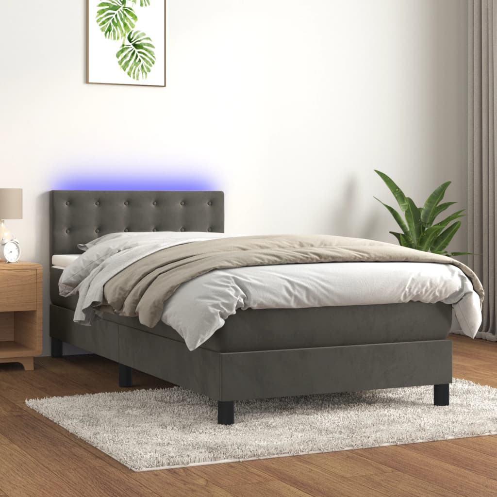 vidaXL Box spring postel s matrací a LED tmavě šedá 90x200 cm samet