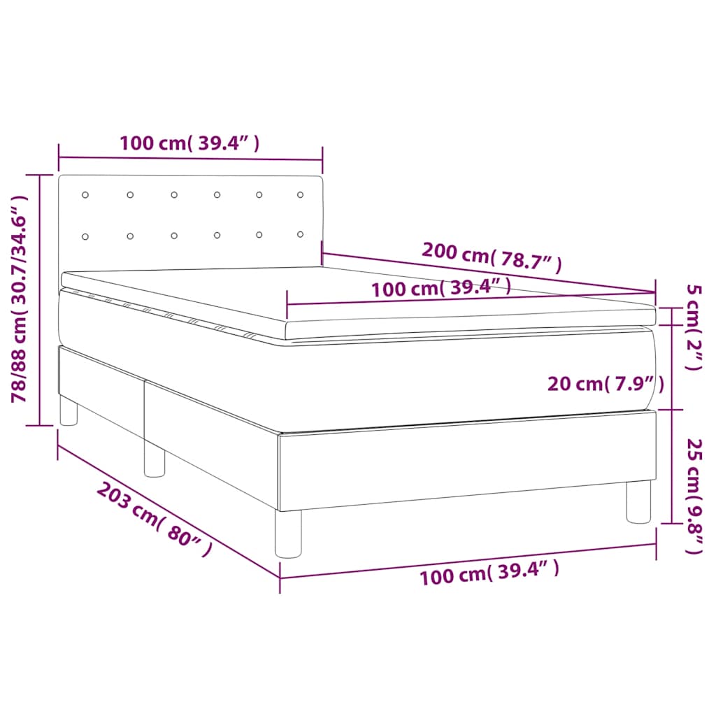Box spring postelja z vzmetnico LED temno modra 100x200cm žamet - slika 10