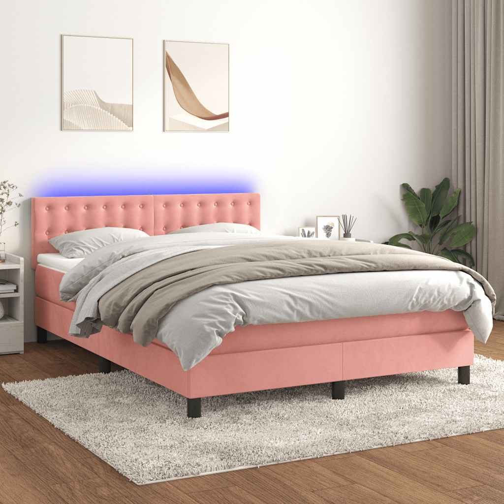 vidaXL Pat cu arcuri, cu saltea și LED, roz, 140x190 cm catifea