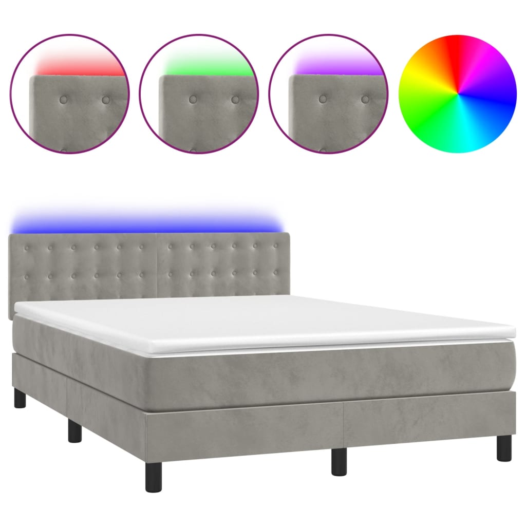 vidaXL Box spring postel s matrací a LED světle šedá 140x200 cm samet