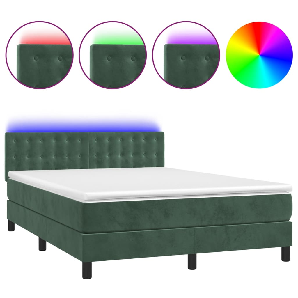 vidaXL Boxspring met matras en LED fluweel donkergroen 140x200 cm