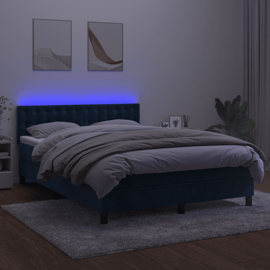 Box spring postel s matrací a LED tmavě modrá 140x200 cm samet