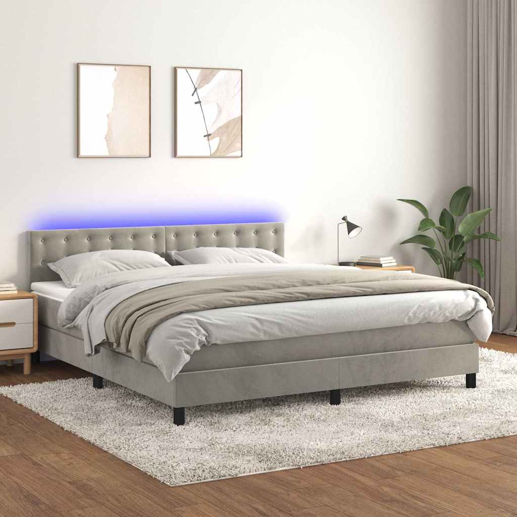 vidaXL Boxspring met matras en LED fluweel lichtgrijs 160x200 cm grijs, foto 3