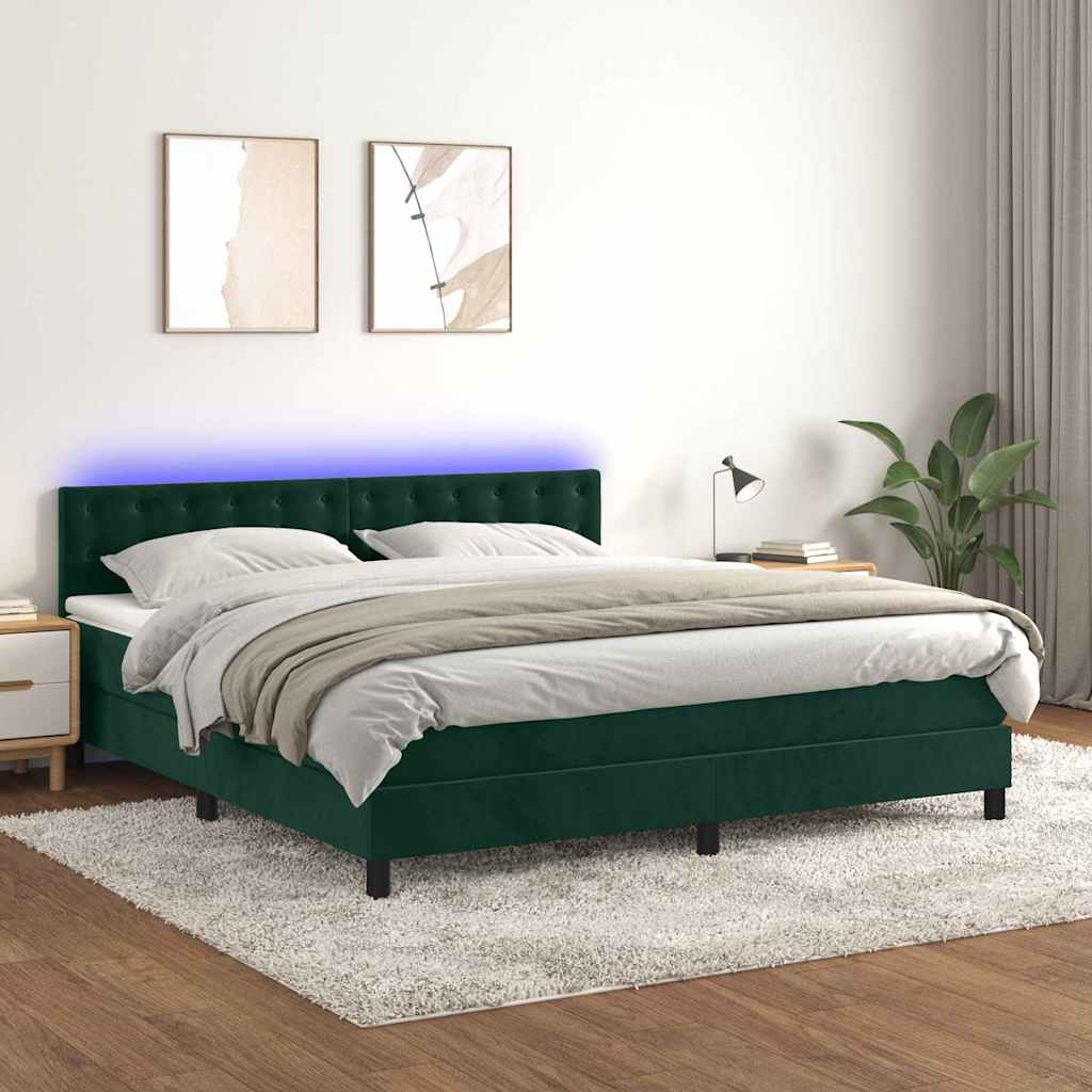 vidaXL Pat cu arcuri, saltea și LED, verde închis, 160x200 cm, catifea