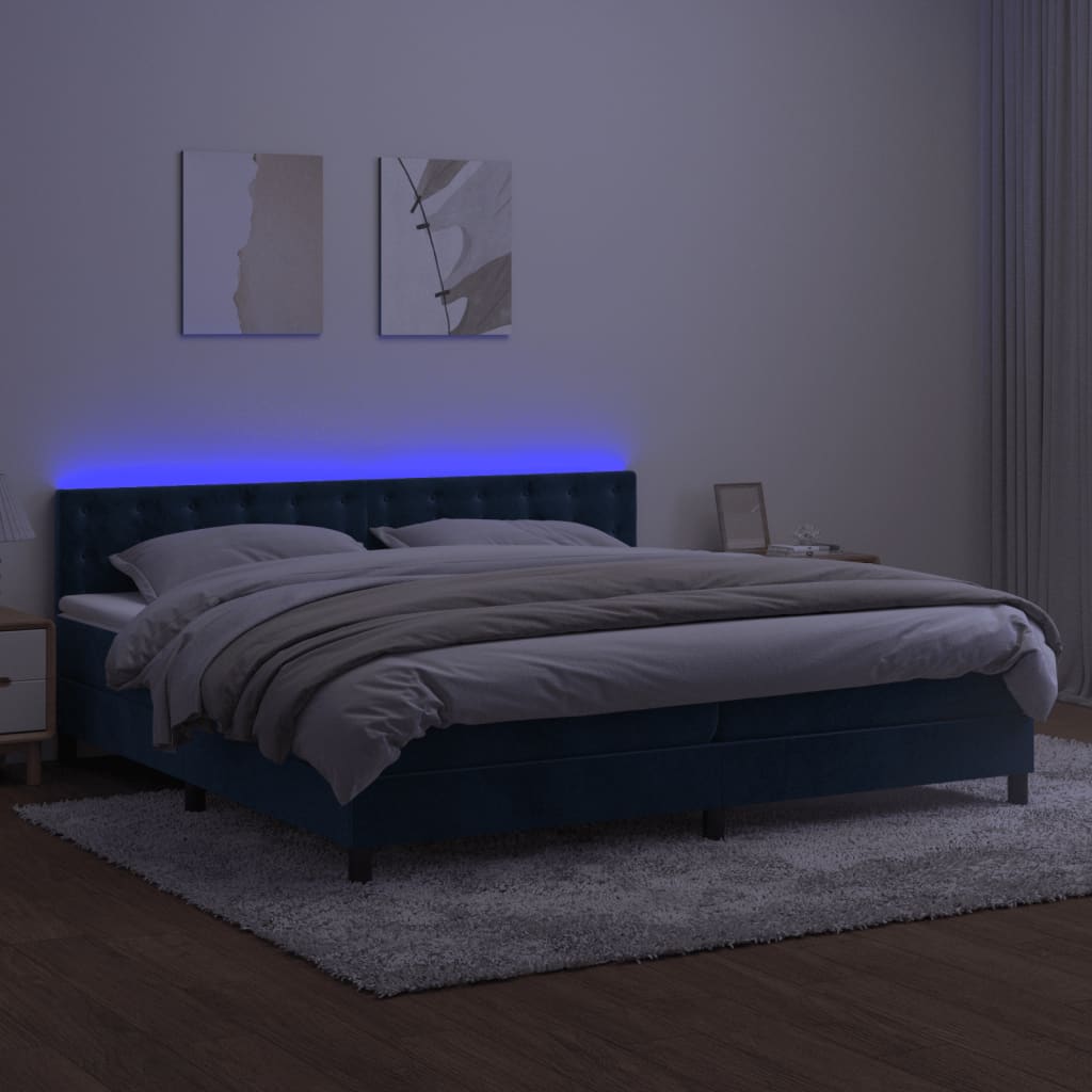 Sötétkék bársony rugós és LED-es ágy matraccal 200x200 cm 