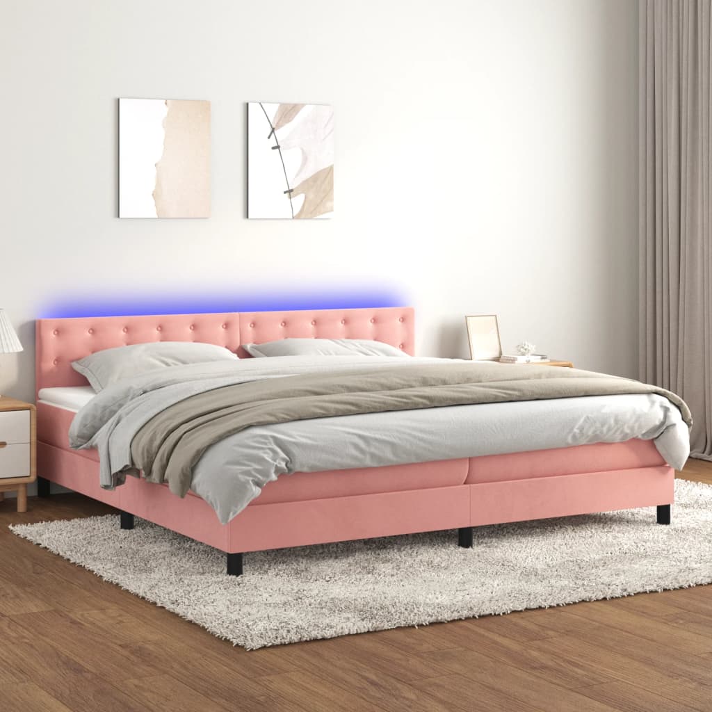 Box spring postel s matrací a LED růžová 200x200 cm samet
