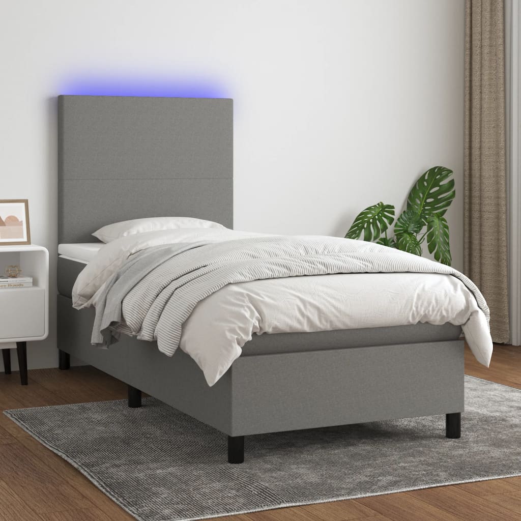 Box spring postel s matrací a LED tmavě šedá 90x200 cm textil