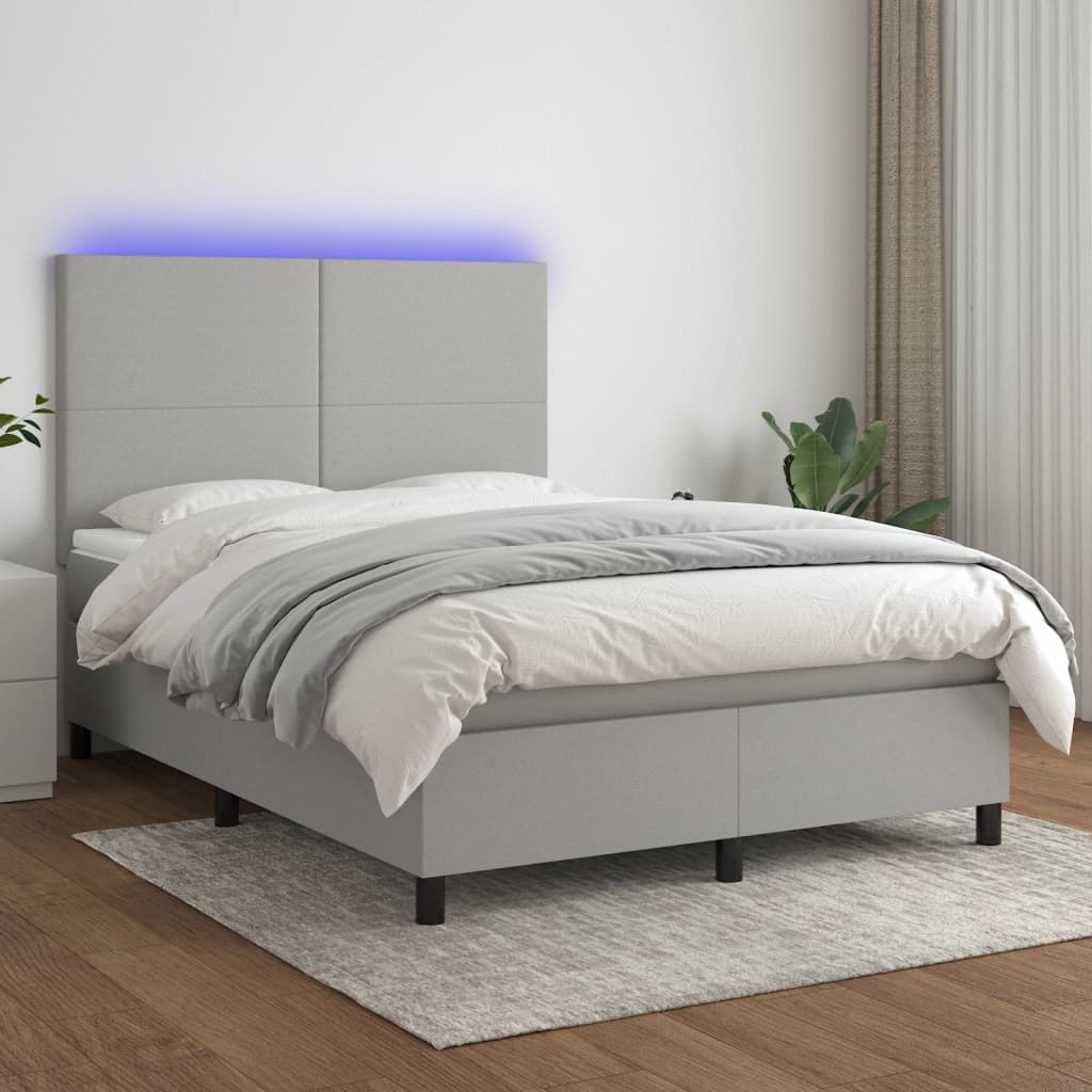 vidaXL Boxspringbett mit Matratze & LED Hellgrau 140x190 cm Stoff