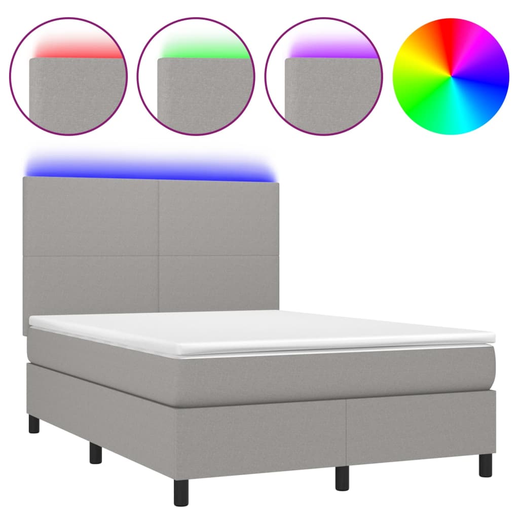 Világosszürke szövet rugós és LED-es ágy matraccal 140x200 cm 