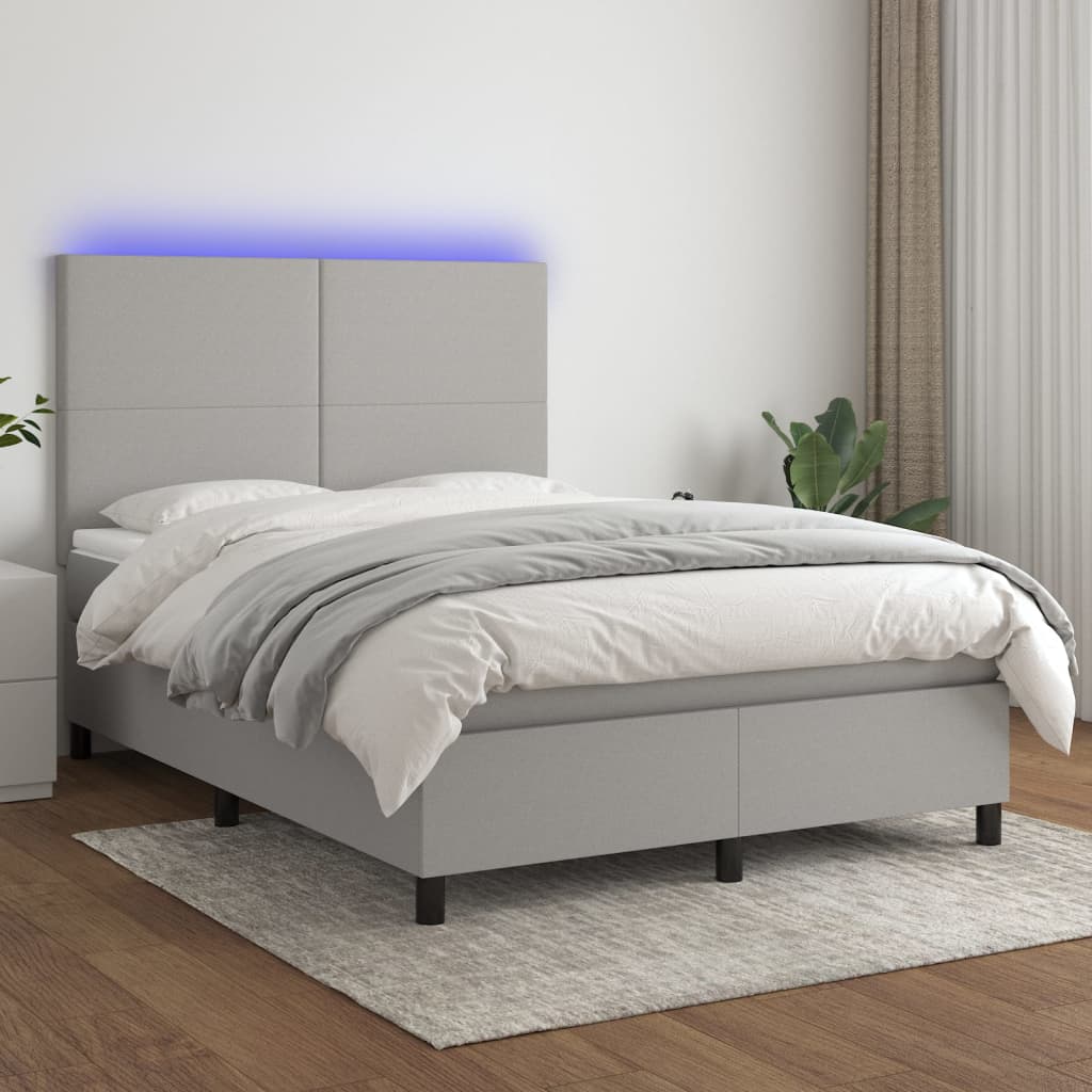 vidaXL Boxspringbett mit Matratze & LED Hellgrau 140x200 cm Stoff