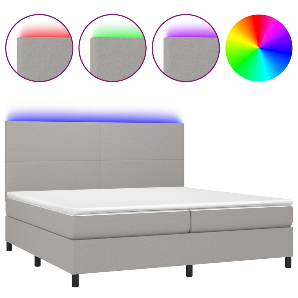 vidaXL Box spring postelja z vzmetnico LED sv. siva 200x200 cm blago