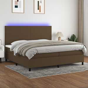 Box spring postelja z vzmetnico LED temno rjava 200x200cm blago
