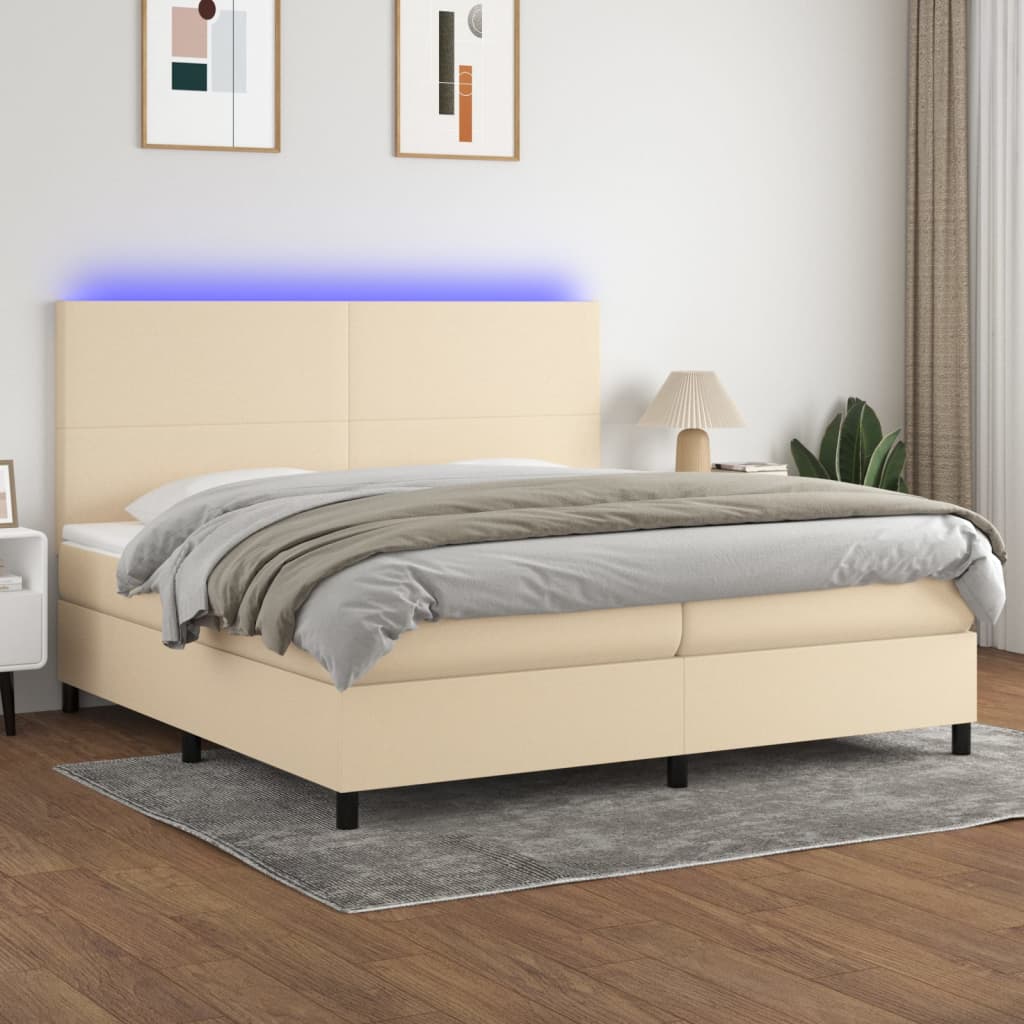Sommier tapissier et matelas et LED Crème 200x200 cm Tissu