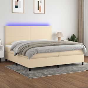 Box spring postelja z vzmetnico LED krem 200x200 cm blago
