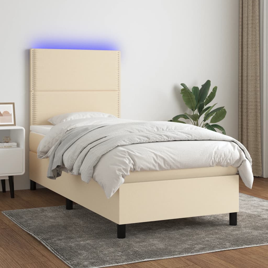 vidaXL Boxspringbett mit Matratze & LED Creme 90x190 cm Stoff