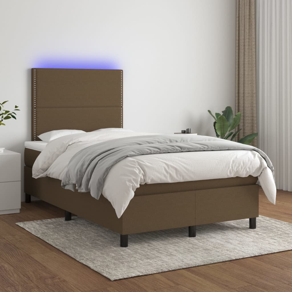 Sommier tapissier matelas et LED Marron foncé 120x200 cm Tissu