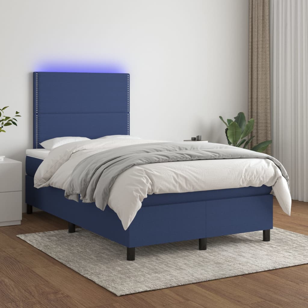 vidaXL Pat cu arcuri, saltea și LED, albastru, 120×200 cm, textil 120x200 imagine noua