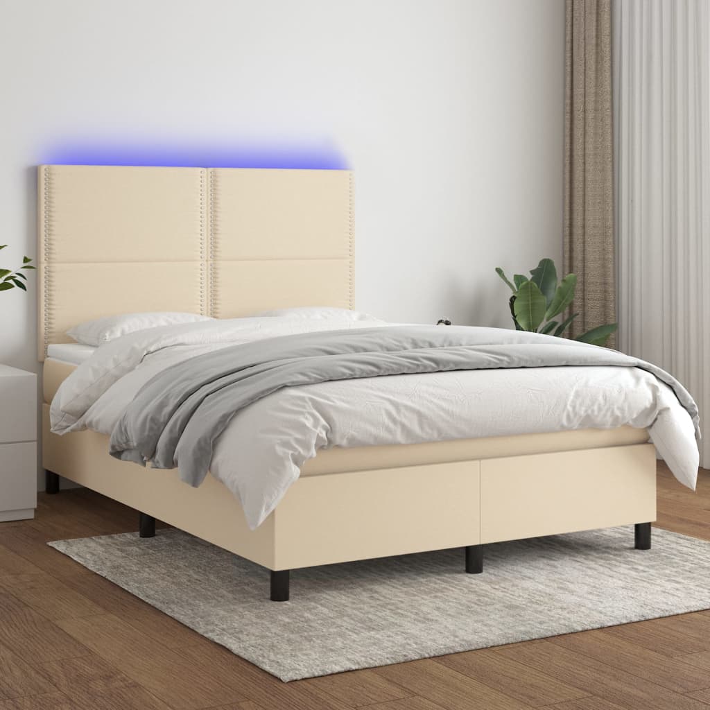 Krémszínű szövet rugós és LED-es ágy matraccal 140x190cm 
