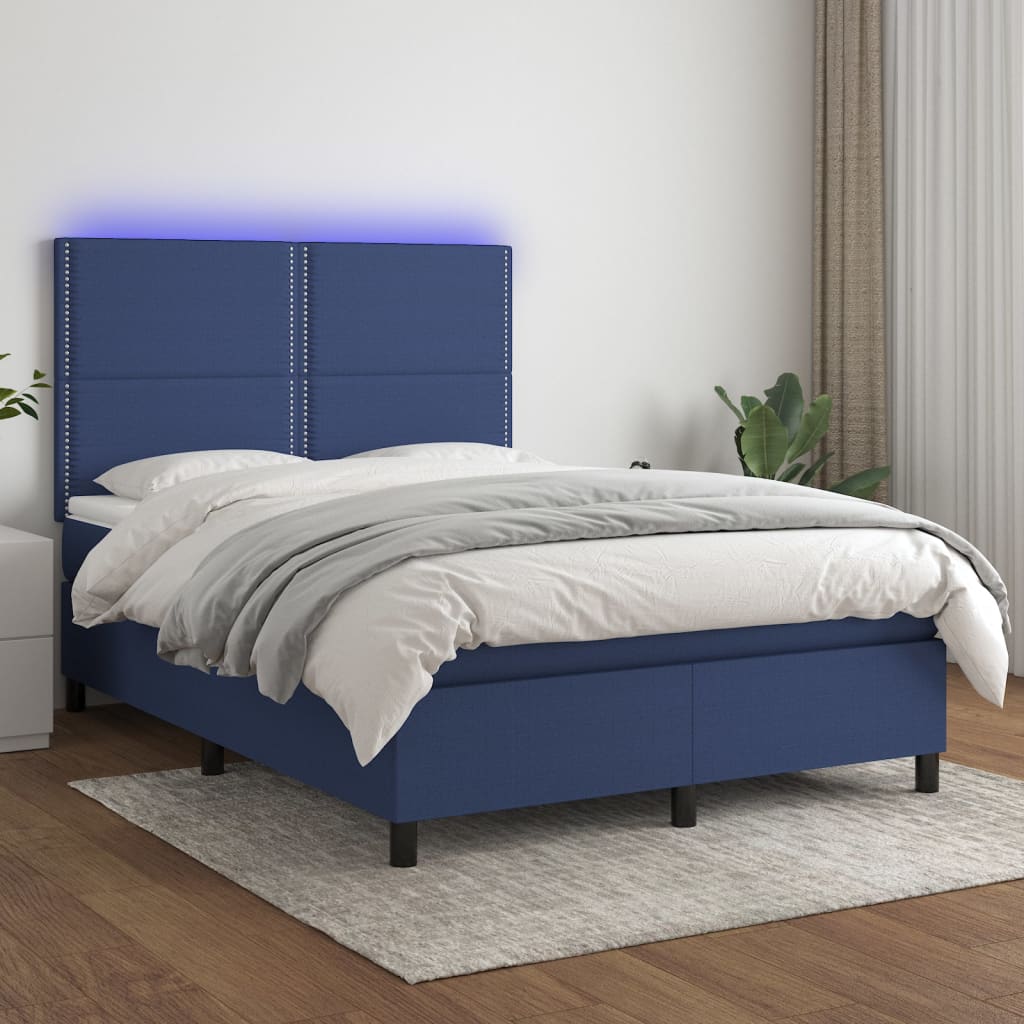 Kék szövet rugós és LED-es ágy matraccal 140x190 cm 
