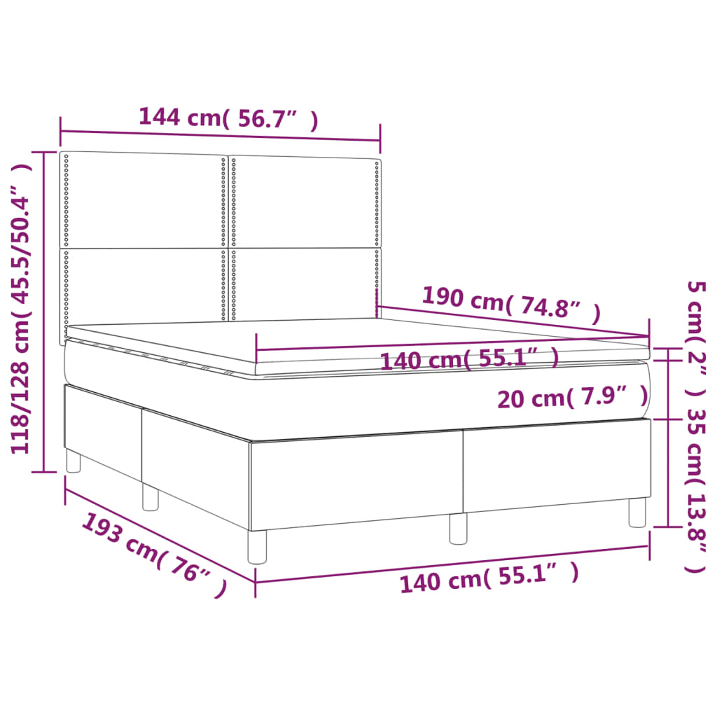 Zöld szövet rugós és LED-es ágy matraccal 140x190 cm 