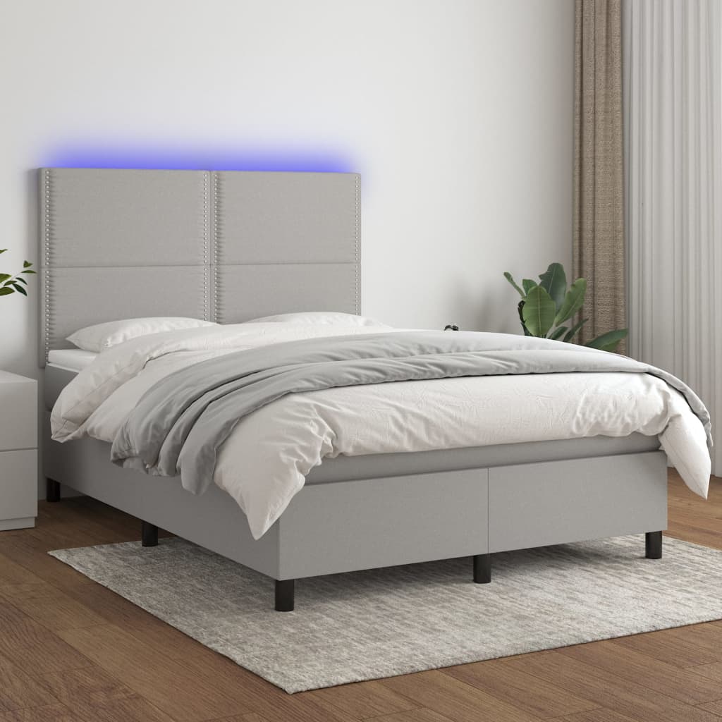 vidaXL Boxspringbett mit Matratze & LED Hellgrau 140x200 cm Stoff