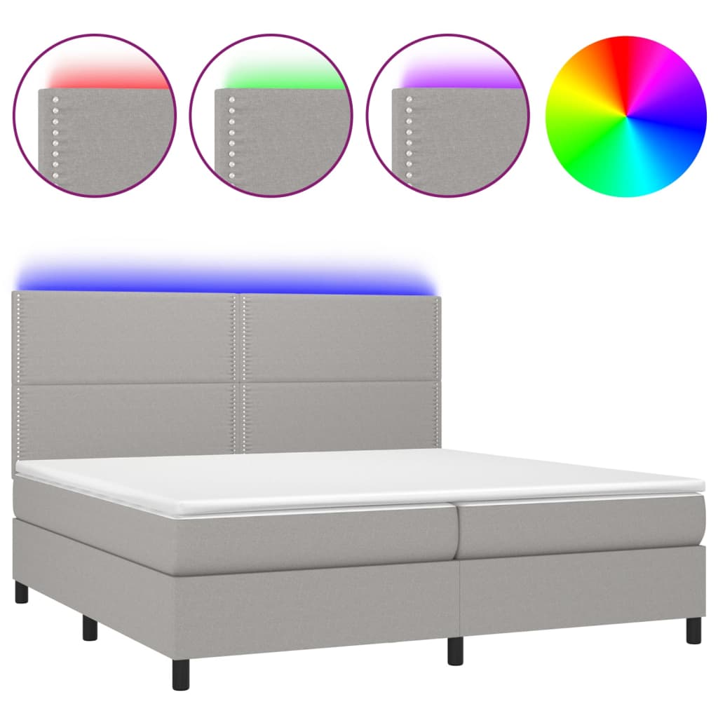 vidaXL Box spring postelja z vzmetnico LED sv. siva 200x200 cm blago