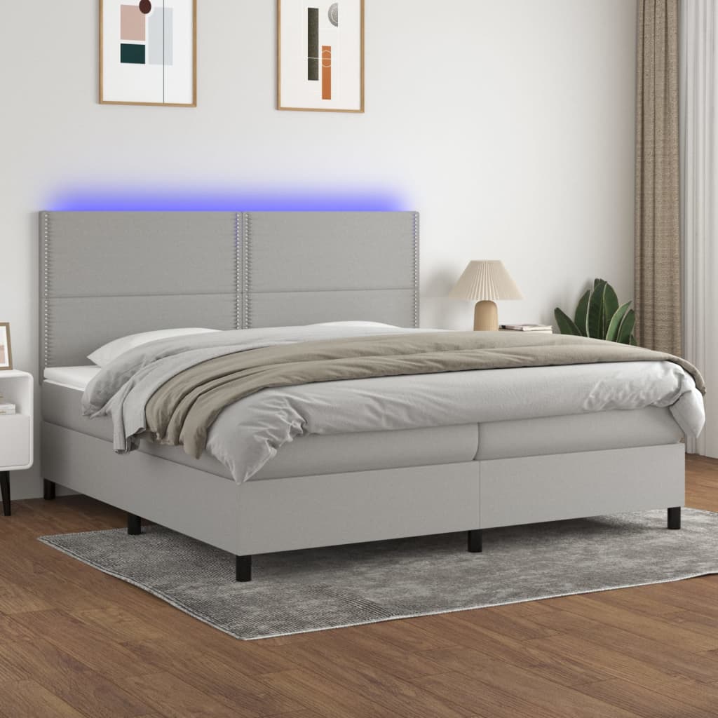 Box spring postel s matrací a LED světle šedá 200x200 cm textil