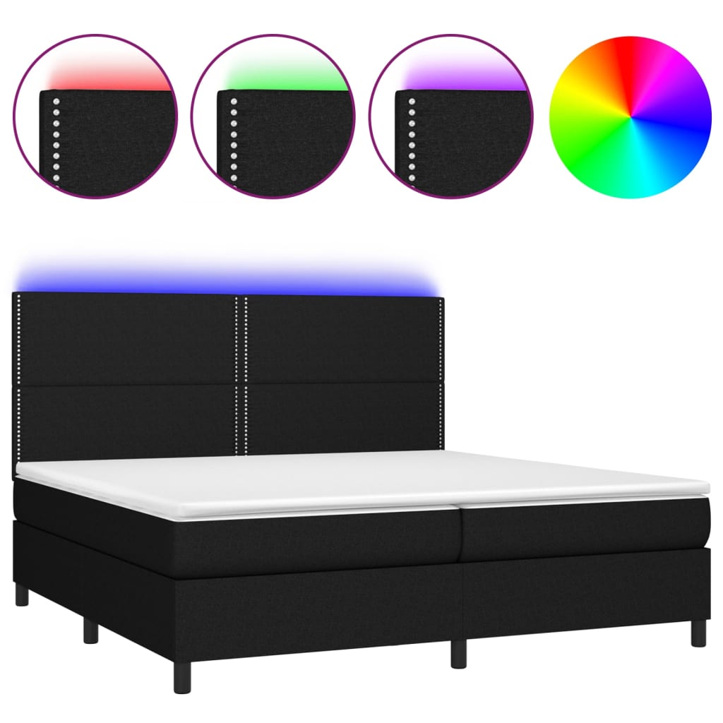 vidaXL Box spring postelja z vzmetnico LED črna 200x200 cm blago