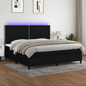 Box spring postelja z vzmetnico LED črna 200x200 cm blago