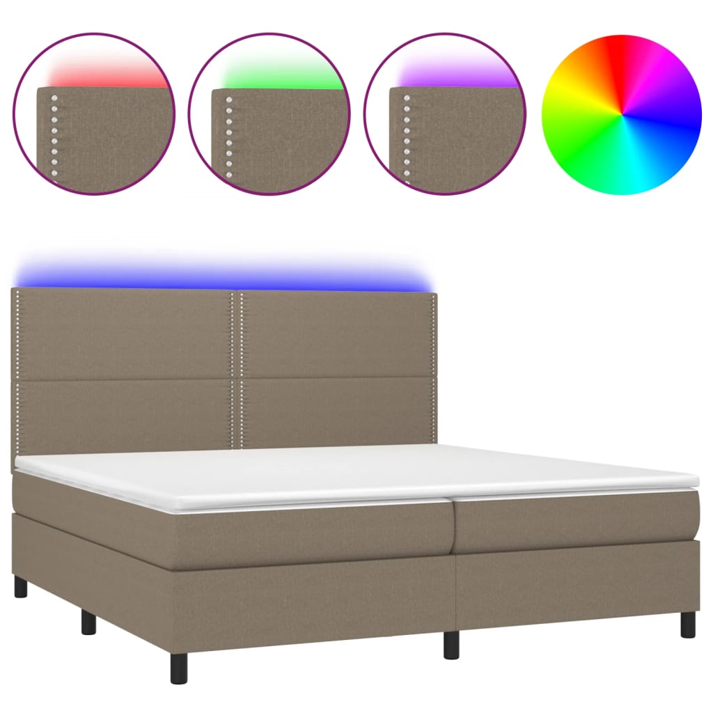 vidaXL Box spring postelja z vzmetnico LED taupe 200x200 cm blago