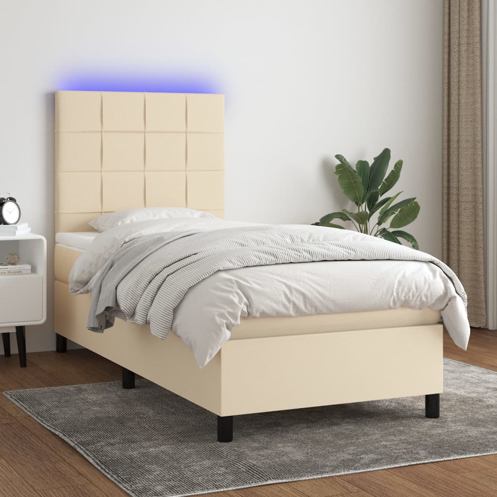 Box spring postel s matrací a LED krémová 100x200 cm textil