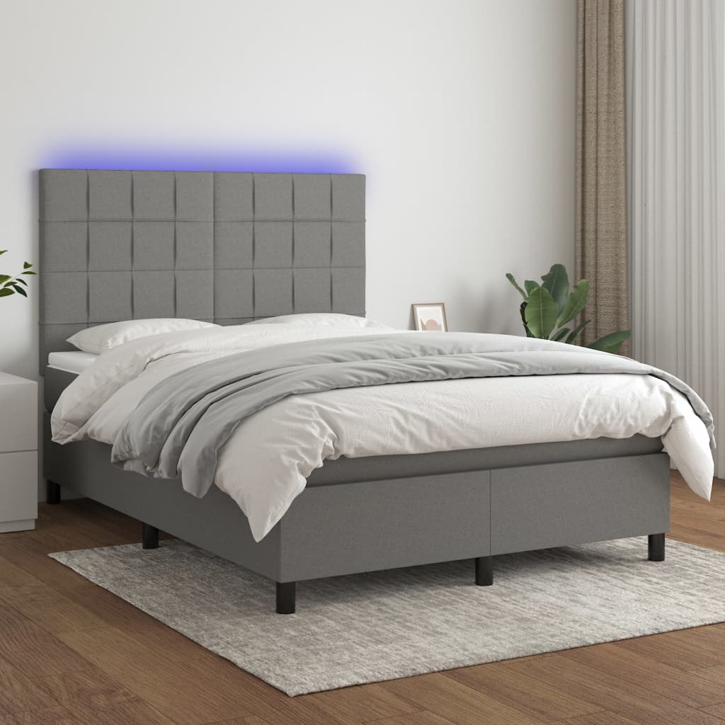 Sommier tapissier et matelas et LED Gris foncé 140x190 cm Tissu