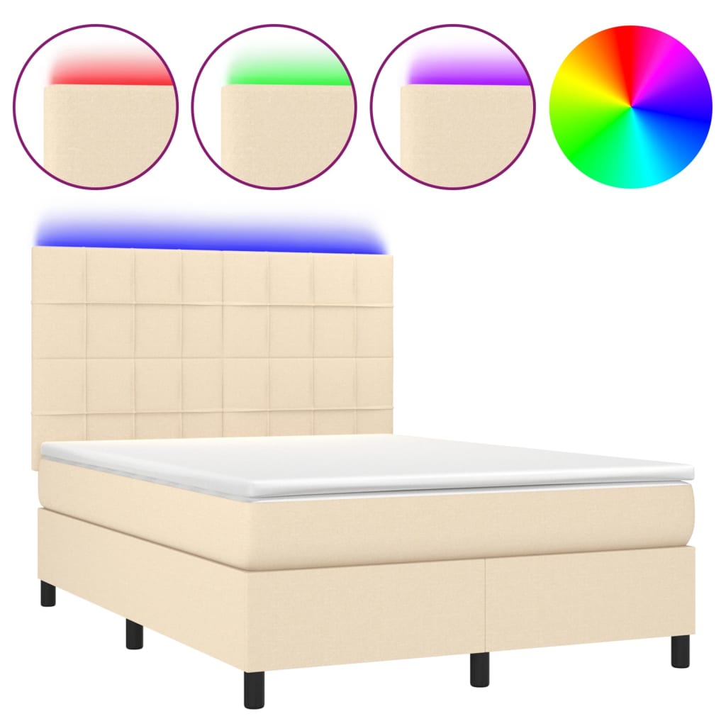Krémszínű szövet rugós és LED-es ágy matraccal 140x200 cm 