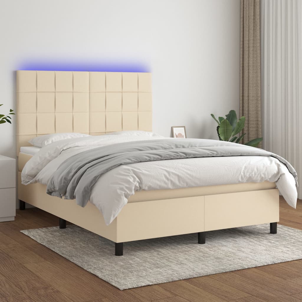 Sommier tapissier avec matelas et LED Crème 140x200 cm Tissu