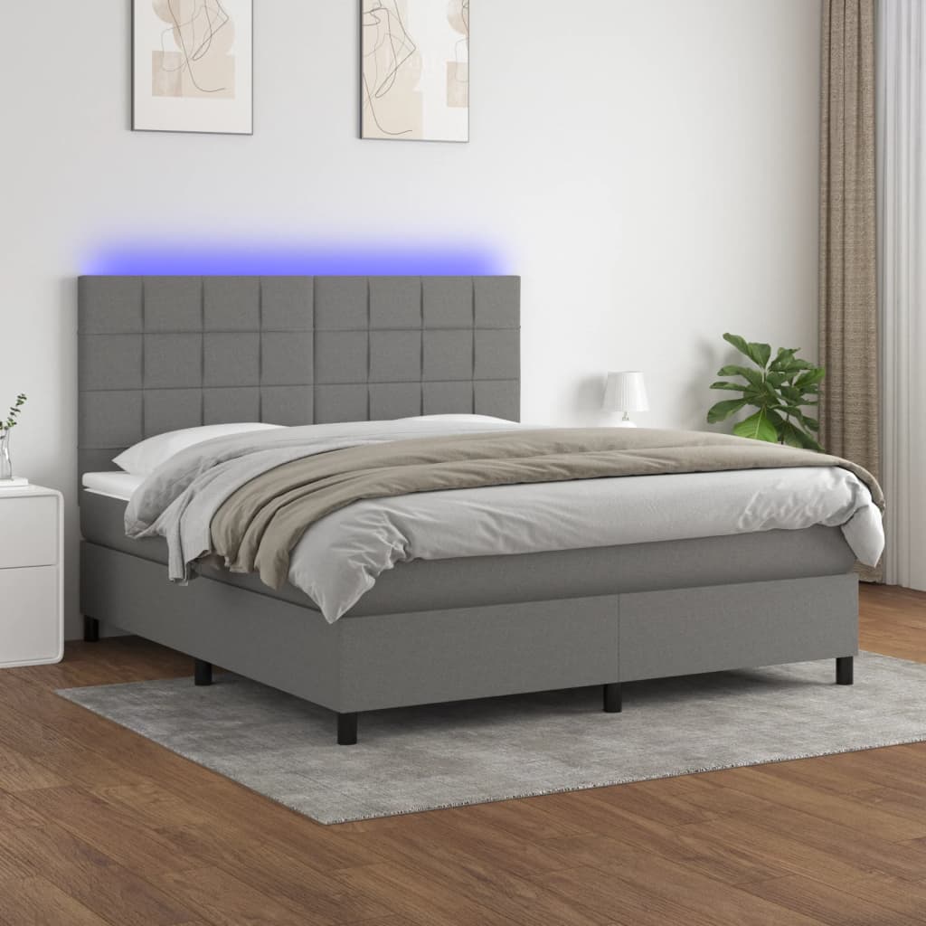 Sötétszürke szövet rugós és LED-es ágy matraccal 180 x 200 cm 