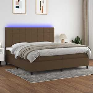 Box spring postelja z vzmetnico LED temno rjava 200x200cm blago