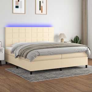 Box spring postel s matrací a LED krémová 200x200 cm textil - obrázek 1