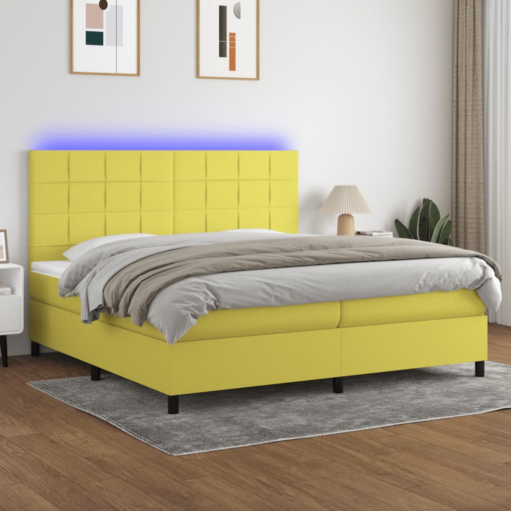 Box spring postel s matrací a LED zelená 200x200 cm textil